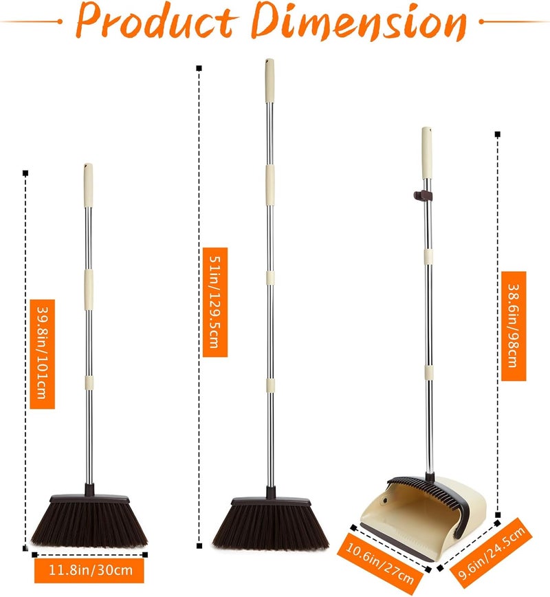 OOOFLOWER Broom and Dustpan Set, Dustpan Combo with 51" Stainless Steel Long Handle Brooms with 5-Layer Soft Bristles for Home Office Kitchen Bathroom(Beige) - Image 2